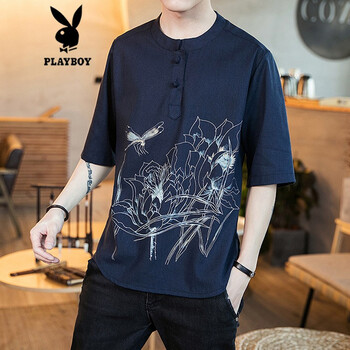 花花公子（PLAYBOY） 五分袖 男士T恤 藏青色 