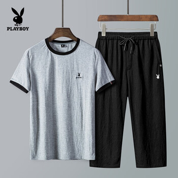 花花公子（PLAYBOY ESTABLISHED 1953） 短袖 男士T恤 淺灰色1915T 