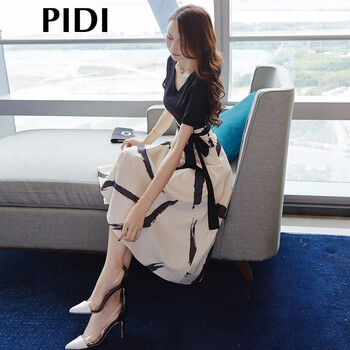匹迪（PIDI） 抽象圖案 拼接，拉鏈，綁帶，印花，蝴蝶結(jié) 連衣裙