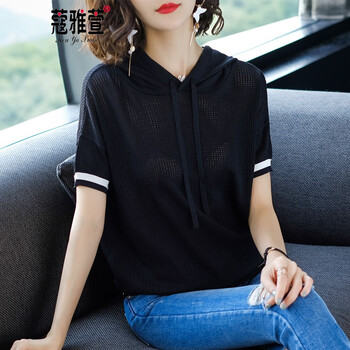 蔻雅萱（KOUYAXUAN） 破洞，鏤空，抽繩，帶帽，紗網(wǎng) 短袖 T恤 女 連帽