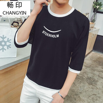 zuoanxb 長袖 男士T恤 七分袖T02笑臉黑色 