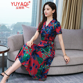 玉婭琪（YUYAQI） 植物花卉 綁帶，印花 連衣裙
