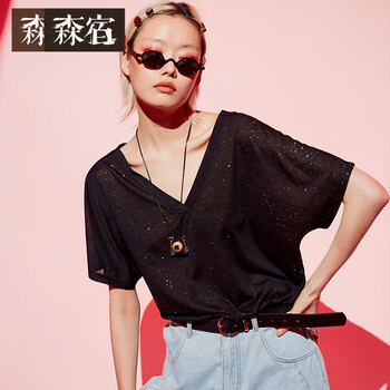 森宿 亮片 短袖 T恤 女 V領(lǐng)