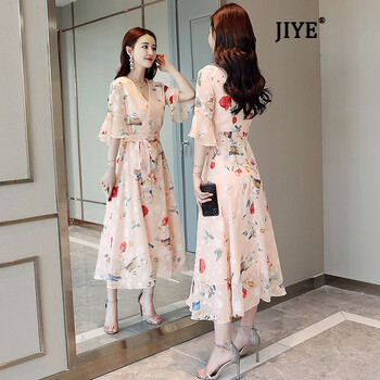 極也（JIYE） 花色 深V款，拉鏈，綁帶，印花，立體裁剪 連衣裙