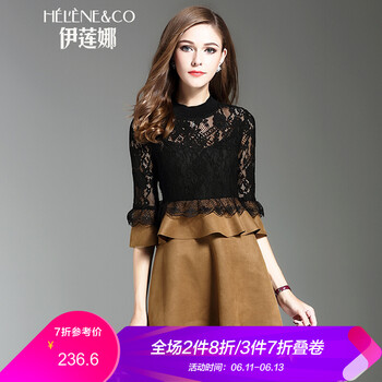 伊蓮娜（Helene & co） 純色 荷葉邊，拼接，蕾絲 連衣裙