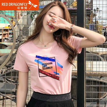 紅蜻蜓（RED DRAGONFLY） 亮片，拼接，印花 短袖 T恤 女 圓領(lǐng)