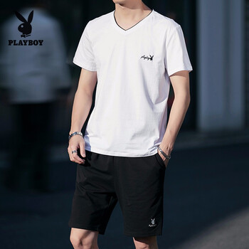花花公子（PLAYBOY） 短袖 男士T恤 V領(lǐng)白色 