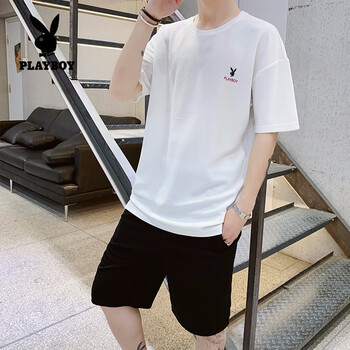 花花公子（PLAYBOY） 短袖 男士T恤 白色上衣+黑色短褲(7755) 