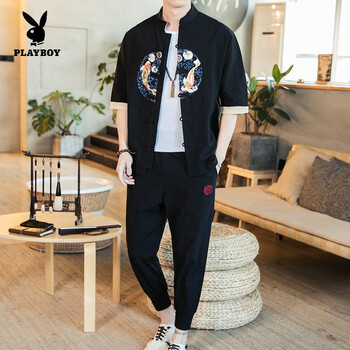 花花公子（PLAYBOY） 五分袖 男士T恤 黑色TZ43 
