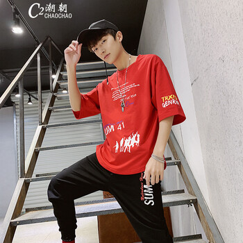 C2潮朝（C2CHAO CHAO） 七分袖 男士T恤 紅色（B208五分袖套裝男） 