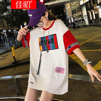 佳昭 破洞，拼接 短袖 T恤 女 圓領(lǐng)