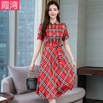 霞灣 格子，圓點(diǎn) 抽褶，拼接，腰帶，格子，紐扣，立體剪裁 連衣裙