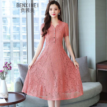 賁茜美（BENXIMEI） 純色 蕾絲 連衣裙