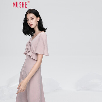 慕舍（mushe） 千鳥(niǎo)格 荷葉邊，格子，多口袋，蝴蝶結(jié)，飄帶 連衣裙