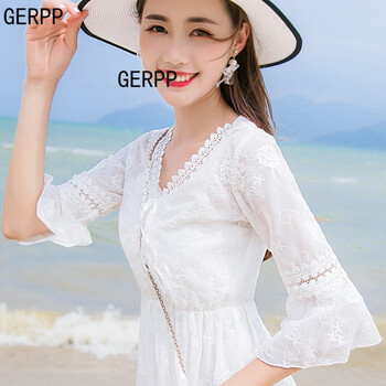 GERPP 純色 繡花，荷葉邊，抽褶，拼接，鏤空，綁帶，褶皺，蝴蝶結(jié)，蕾絲，紗網(wǎng) 連衣裙