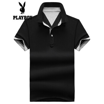 花花公子（PLAYBOY ESTABLISHED 1953） 短袖 男士T恤 黑色/灰袖 