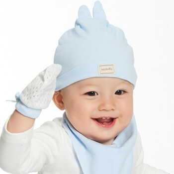 欧育婴儿帽子春秋新生儿胎帽三角巾套装宝宝卤门帽B1019 蓝色