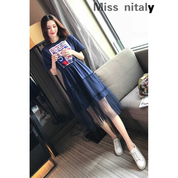 miss nitaly 字母 拼接，印花，紗網(wǎng) 連衣裙