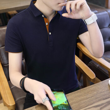 公子潮以（GONGZICHAOYI） 短袖 男士T恤 1536藏藍色(咖啡袖) 