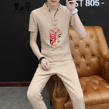 夢(mèng)迪蔻（MENGDIKOU） 短袖 男士T恤 T754卡其臉譜九分 