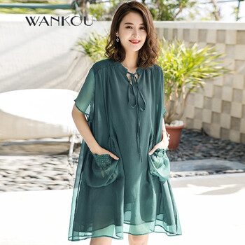 婉扣（WANKOU） 純色 口袋，拼接，抽褶，綁帶，多口袋 連衣裙