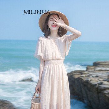 NEWMILIN 純色 抽褶，拉鏈 連衣裙