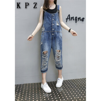 KPZ 高腰 背帶褲 女 五分褲 牛仔褲