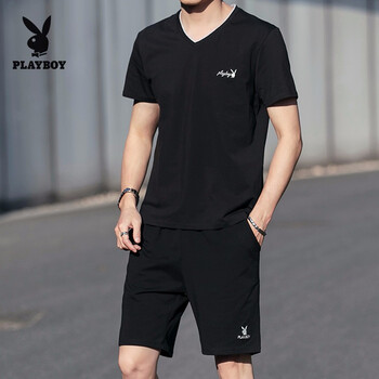 花花公子（PLAYBOY） 短袖 男士T恤 黑色V領(lǐng)+黑色短褲 