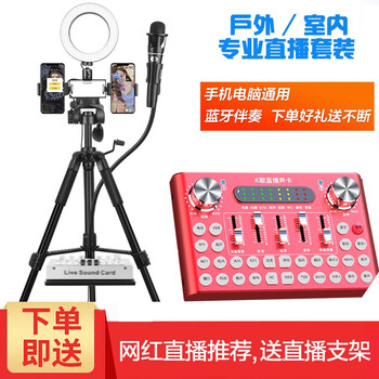 貝音凱  支撐式 麥克風(fēng) 紅色聲卡直播支架+美顏燈套裝