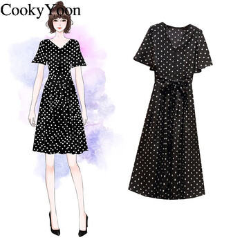 CookyYoon 純色 綁帶，波點(diǎn) 連衣裙