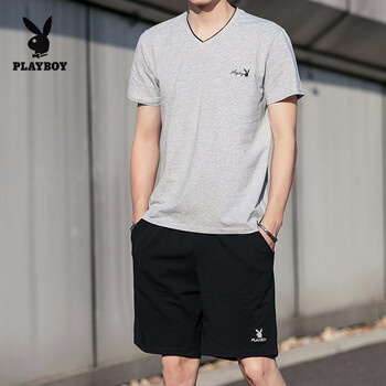 花花公子（PLAYBOY） 短袖 男士T恤 灰色V領(lǐng)+黑色短褲 