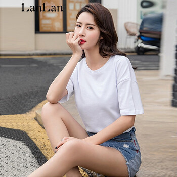 蘭藍(lán) 卷袖 短袖 T恤 女 圓領(lǐng)