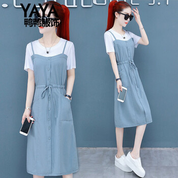 鴨鴨服飾（yaya） 純色 拼接 連衣裙