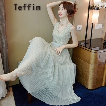 Teffim 純色 繡花，抽褶，拼接，拉鏈，褶皺，紗網(wǎng)，蕾絲 連衣裙