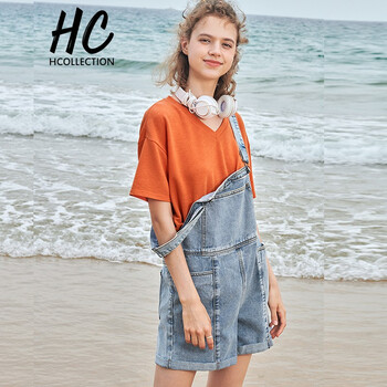 Hcollection 自然腰 背帶褲 女 短褲 牛仔褲