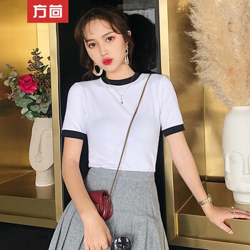 方茴 拼色 短袖 T恤 女 半高領(lǐng)