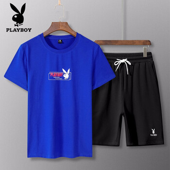 花花公子（PLAYBOY） 短袖 男士T恤 藍(lán)上衣+藍(lán)褲子 