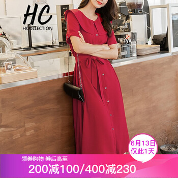 Hcollection 純色 腰帶，紐扣，褶皺，蝴蝶結(jié) 連衣裙