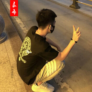 良布 短袖 男士T恤 黑十字架+灰四桿褲 