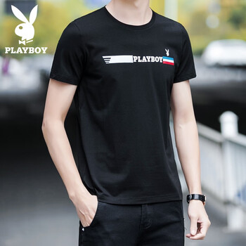花花公子（PLAYBOY） 短袖 男士T恤 黑色短袖H36095 
