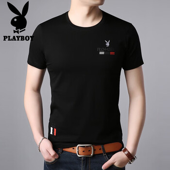 花花公子（PLAYBOY ESTABLISHED 1953） 短袖 男士T恤 黑色圓領(lǐng) 