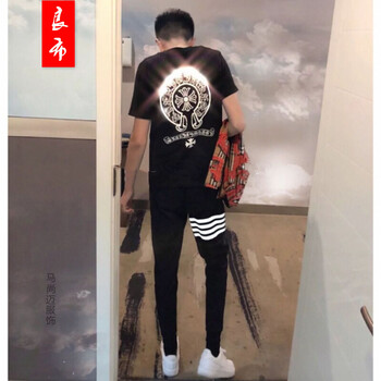 良布 短袖 男士T恤 四桿褲黑+十字架黑 