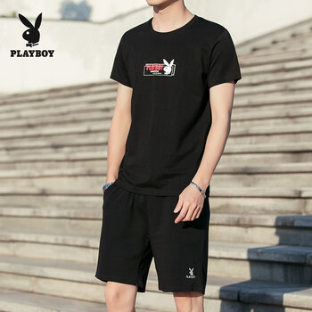 花花公子（PLAYBOY） 短袖 男士T恤 黑色+黑色短褲 