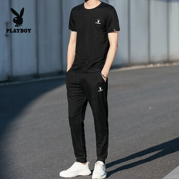 花花公子（PLAYBOY ESTABLISHED 1953） 短袖 男士T恤 黑色套裝 