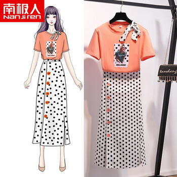 南極人（NanJiren） 人物，圓點(diǎn) 拼接，紐扣，印花 連衣裙