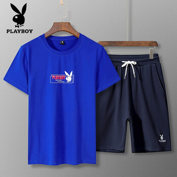花花公子（PLAYBOY） 短袖 男士T恤 藍色上衣+藍色短褲1919 