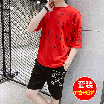 PLAYYOUNG 五分袖 男士T恤 紅色短袖+黑色短褲 