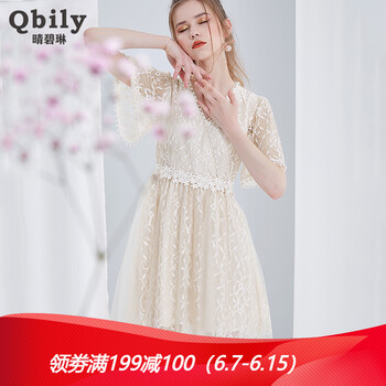 晴碧琳（qbily） 純色 繡花，拼接，蕾絲 連衣裙