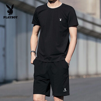 花花公子（PLAYBOY） 短袖 男士T恤 黑色圓領(lǐng)+黑色短褲 