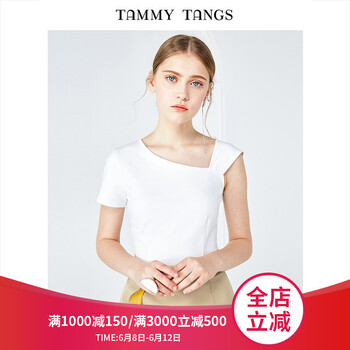 糖力 斜肩，不規(guī)則 短袖 T恤 女 斜領(lǐng)